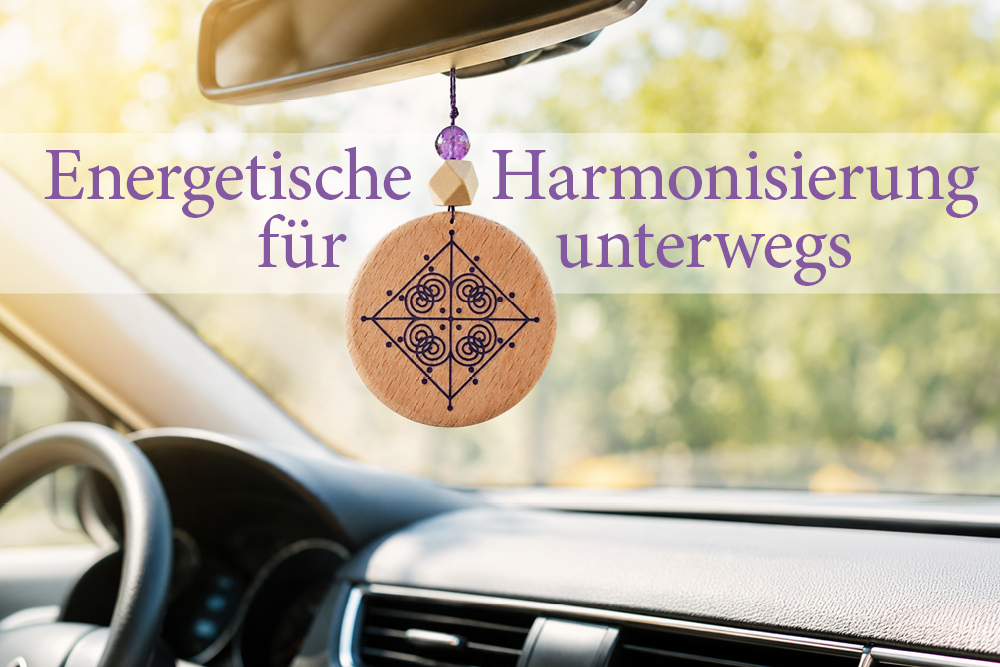 Holzanhänger mit Symbole "Mikrowelle" an einem Auto-Rückspiegel